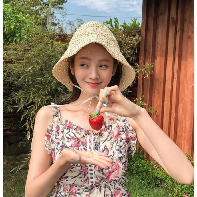 여성 여름 리본 끈 버킷햇 라탄 왕골 밀짚 모자