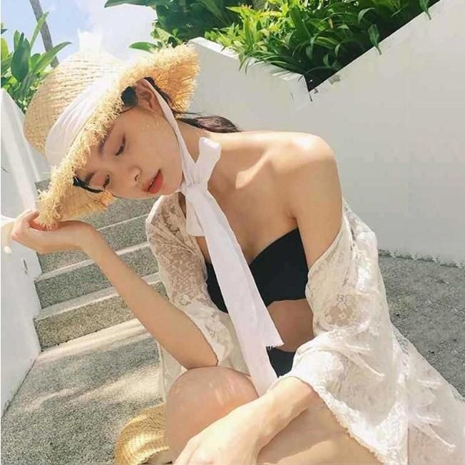 여성 여름 면 리본 끈 라탄 왕골 밀짚 모자