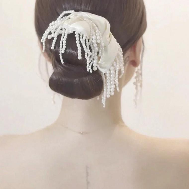 진주 블랙 아이보리 포니테일 고무밴드 새틴술 머리끈