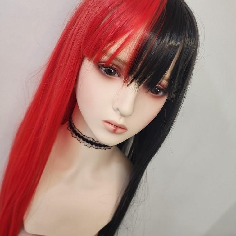 블랙 레드 반반 코스프레 긴머리 가발