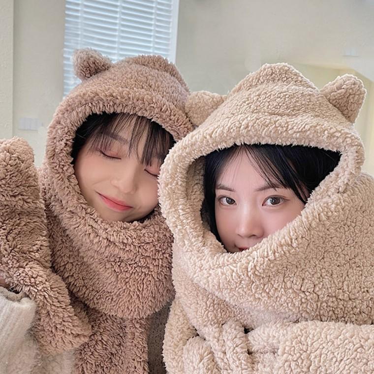 곰돌이 모자 목도리 후드 머플러 [손넣는 곰 양털 뽀글이 방한 모 귀모자 왕 곰도리 털 베어 귀여운 목돌이