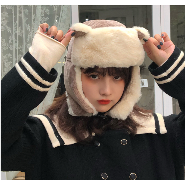 -당일출고- 여성 냐옹이 골덴 항공퍼모자 겨울모자 털모자 벙거지모자
