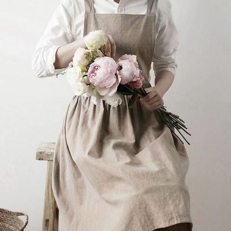 린넨 앞치마 플레어 주름 원피스 면 앞치마 꽃집 어린이집 여성