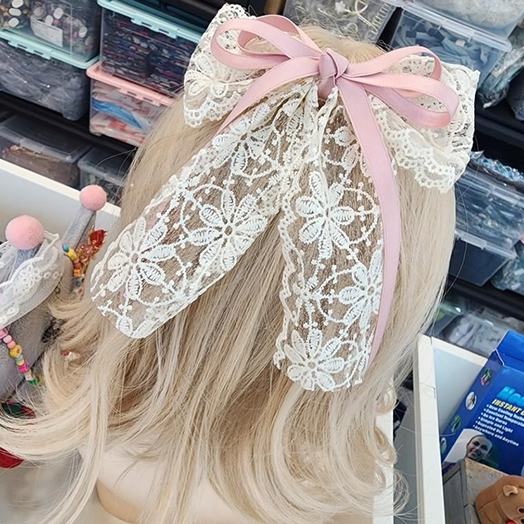 러블리 플라워 레이스 핑크 왕리본 자동핀