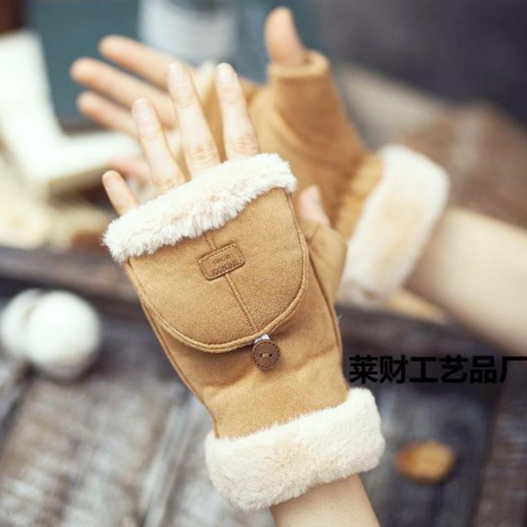 여자 부드러운 극세사털장갑 벙어리장갑 브라운