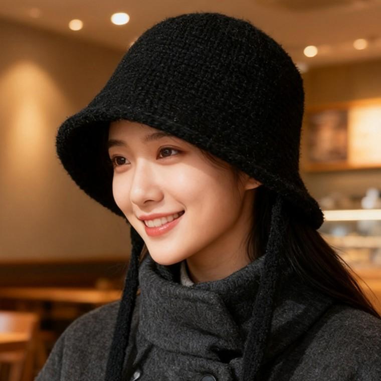 따뜻한 무지 니트 끈 모자 여성 겨울 벙거지 데일리