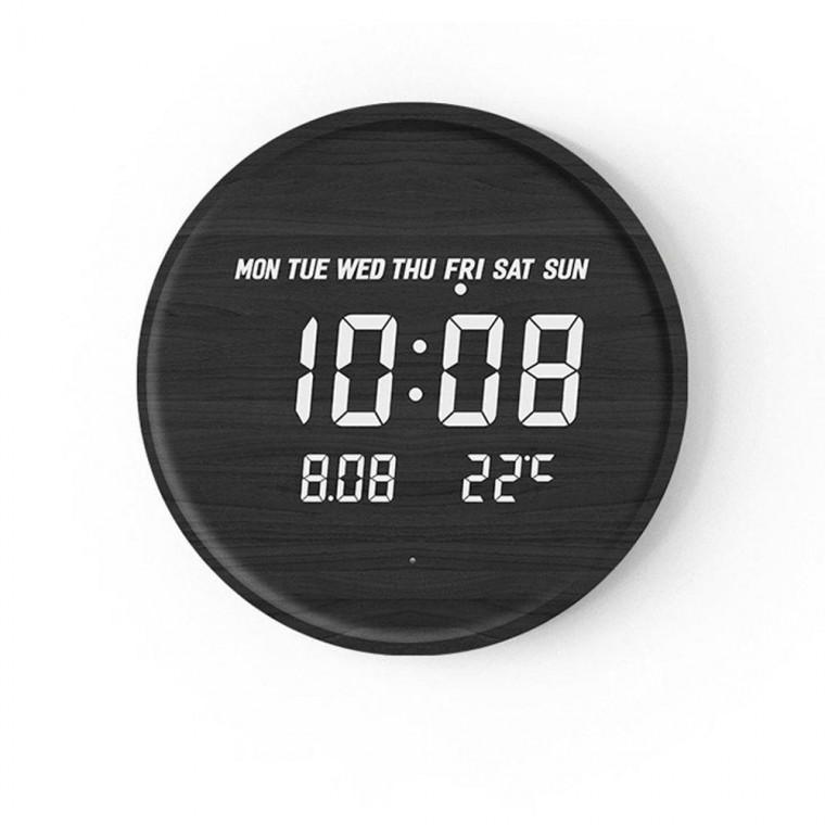 12 in LED 원형 우드 벽시계 무소음 영어 버전 나무 디지털 거실 강의실 인테리어