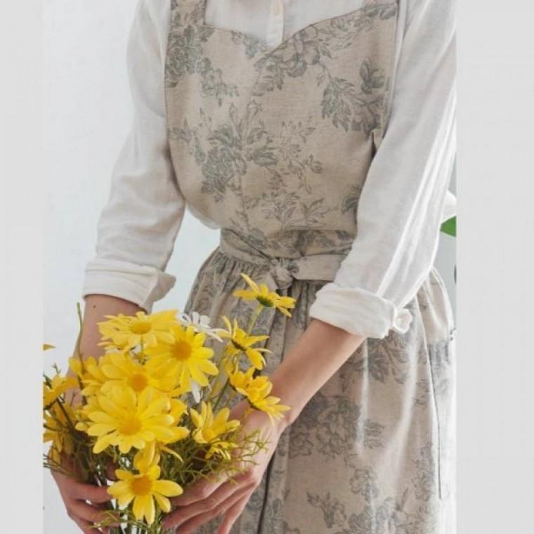 플라워 면 어린이집 롱 빅사이즈 베이지 방수 예쁜 에이프런 주방 카페 앞치마 린넨 원피스