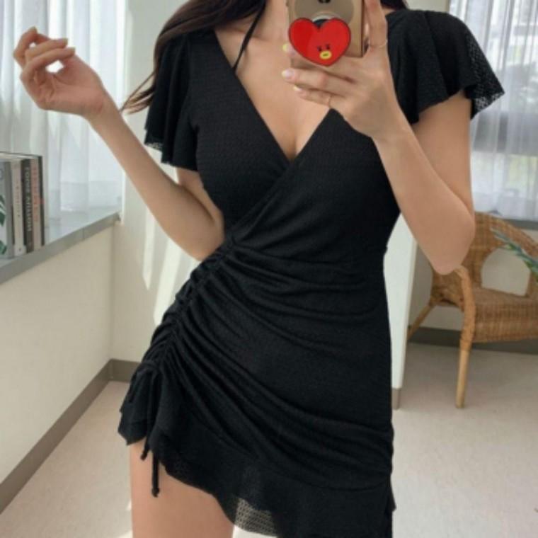 블랙 원피스 비치웨어 모노키니 여성 홀터넥 체형커버 수영복 셔링 커버업