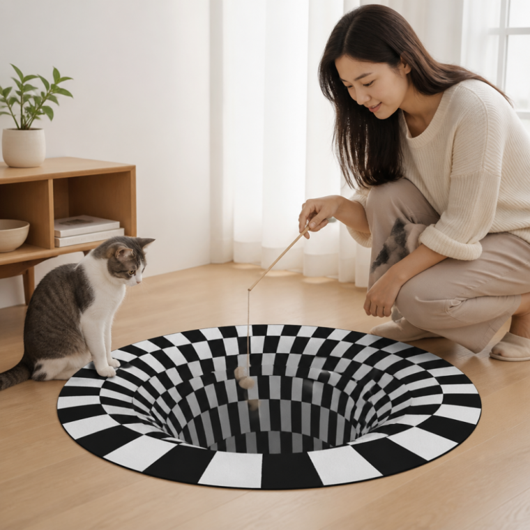3D 싱크홀 디자인 러그 100cm 고양이 낚시 입체 발매트 인테리어 소품