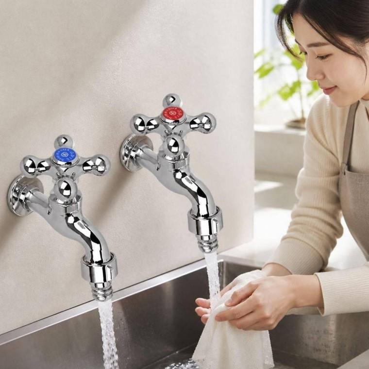 냉온수 수도꼭지 겸용 황동 주물 벽붙이 수전 가로 십자형