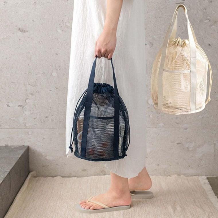 메쉬 비치 여행 수영 토트백 스트링 수납 포켓백