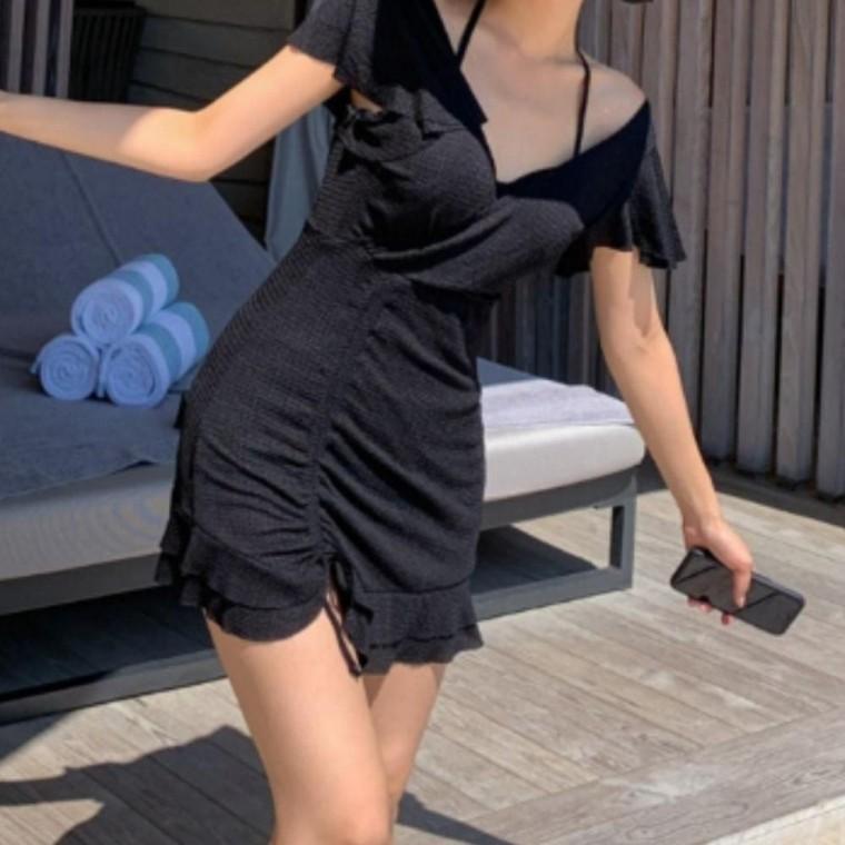 셔링 홀터넥 쾌적한 체형커버 원피스 수영복