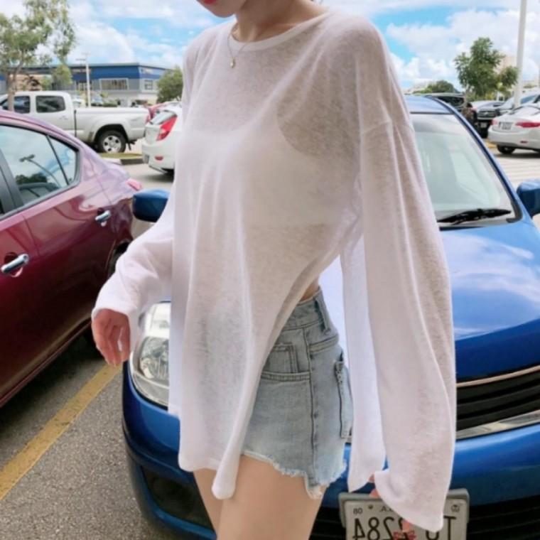 옆트임 비치룩 해변룩 수영복 커버업 긴팔 티셔츠 레이어드 상의