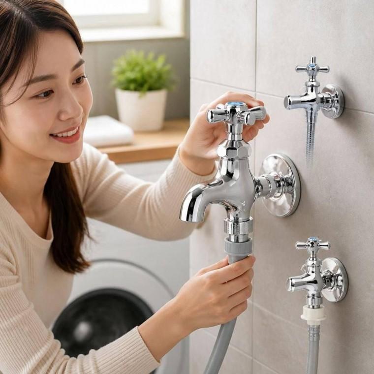 수도꼭지 세탁기 연결 호스 베란다 십자형 수전 양갈래